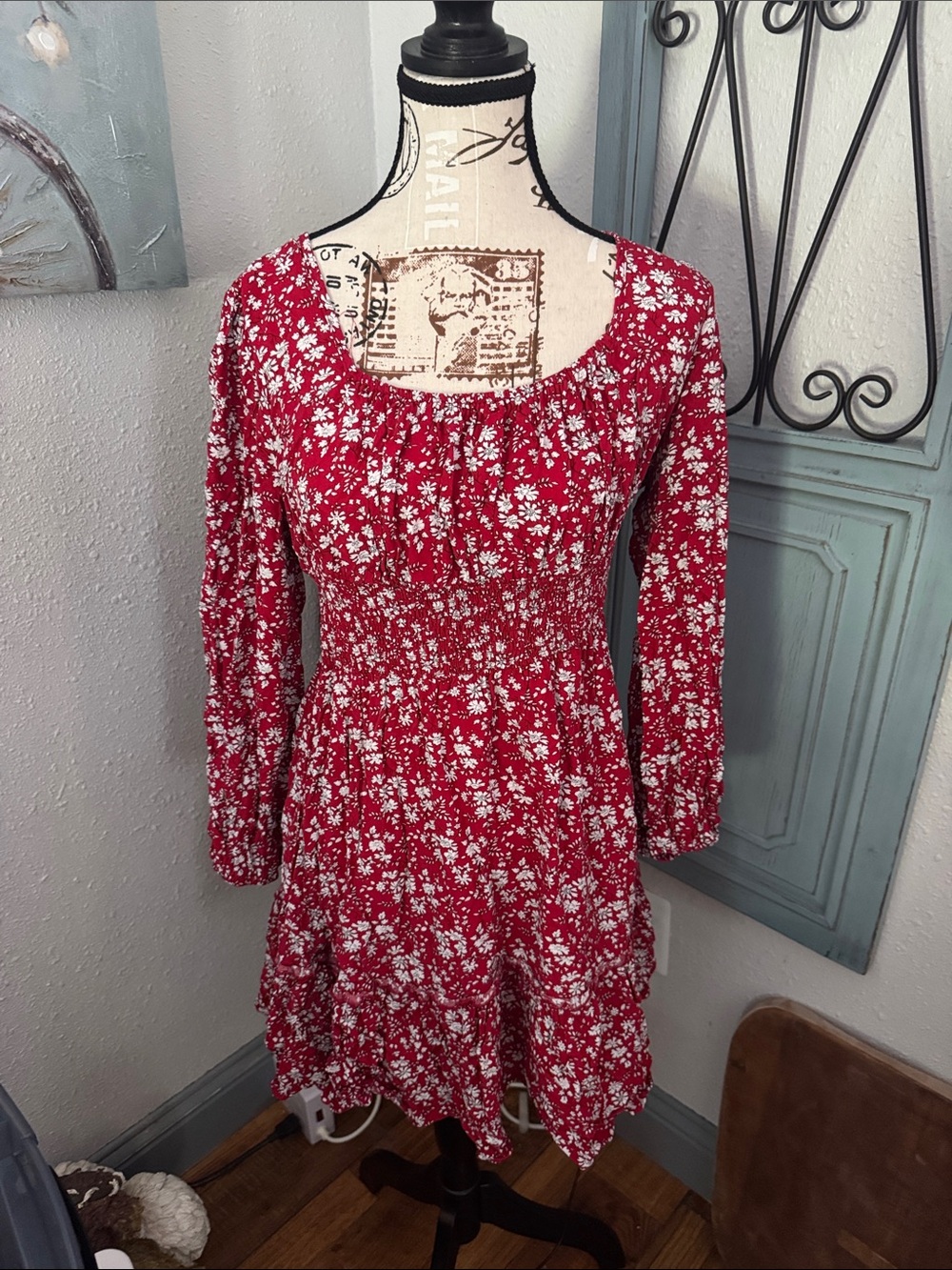 Red Floral Long-Sleeve Smocked-Waist Dress with Scoop Neck